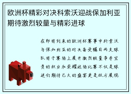 欧洲杯精彩对决科索沃迎战保加利亚期待激烈较量与精彩进球