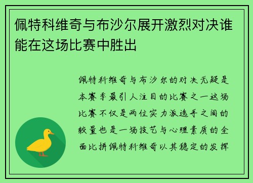 佩特科维奇与布沙尔展开激烈对决谁能在这场比赛中胜出